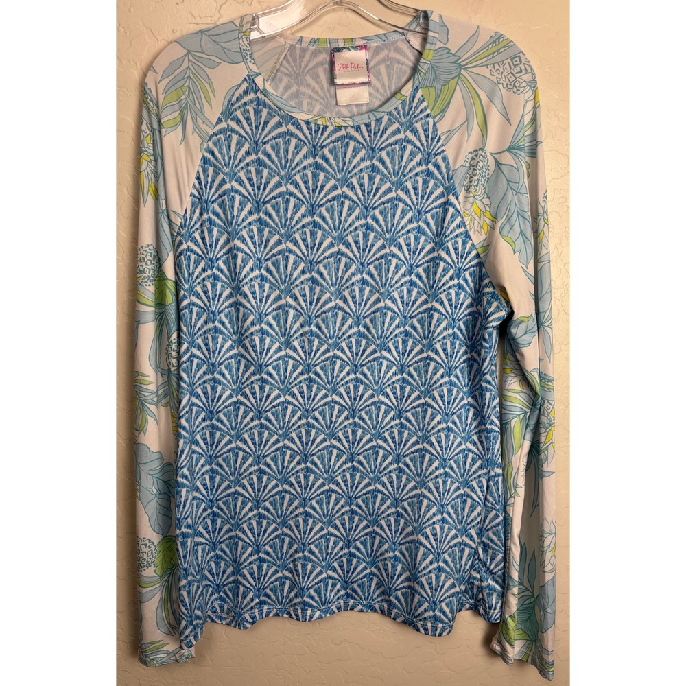 Stella Parker Collection‎ Blue Fan Tropical Floral Raglan Sun Shirt L 2427